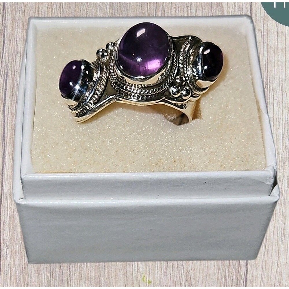 Sterling Silver Amethyst Ring Size 6.5 Artisan 3 Stones February Birth Stone
